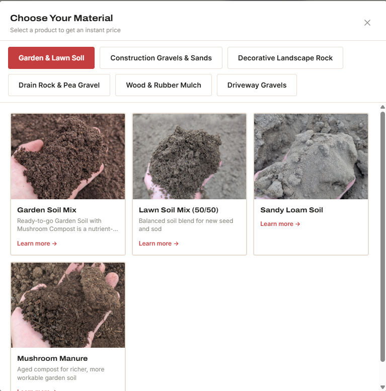 Product selection menu. 